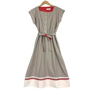 Warren Petites Vintage Taupe Pink Striped Midi Dress Elastic Waist Belted 80s